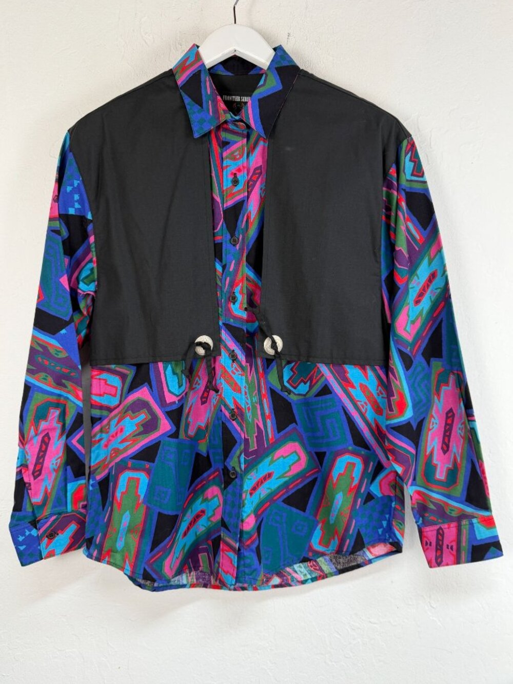 Vintage Frontier Series Women Southwestern Geometric Shirt Black Vest Overlay XL